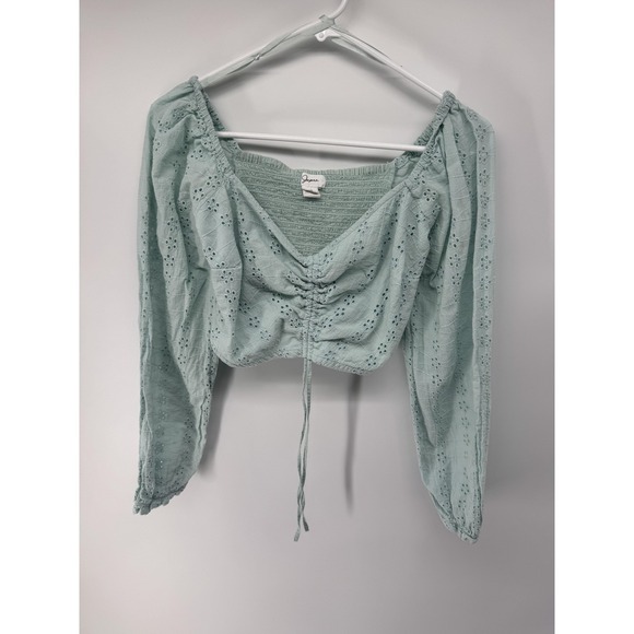 Japna Tops - Japna Blouse Womens XS Green Eyelet Cropped Smocked Balloon Sleeve V Neck